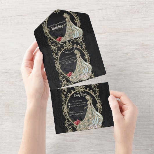 Eleganz in Gold und Schwarz. All In One Einladung (Abreißen)