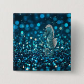Eleganz in Motion: Aqua Seepferd über Aqua Bokeh Button (Vorderseite)
