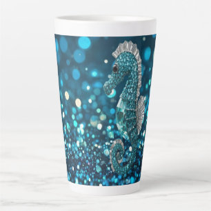 Eleganz in Motion: Aqua Seepferd über Aqua Bokeh Milchtasse