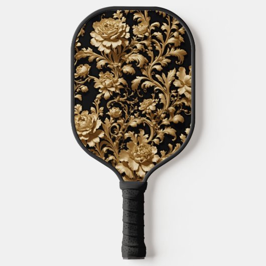 Eleganz in Motion: Schwarze und goldene Blüte Pickleball Schläger (Vorderseite)