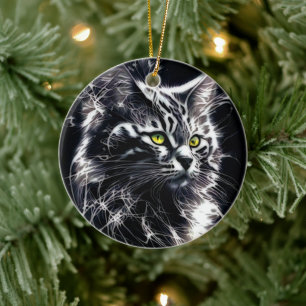 Eleganz in Whiskers: Abstrakte Katze aus Silber un Keramik Ornament