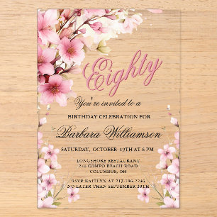 Eleganz mit rosa Blumen zum 80. Geburtstag Acryleinladungen