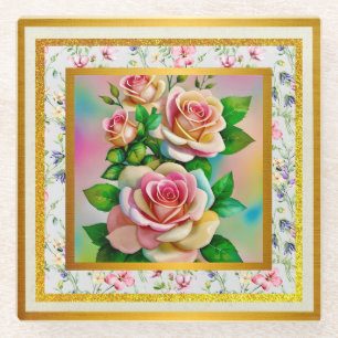 Eleganz-Rosen in rosa und gelber Wasserfarbe Paste Glasuntersetzer