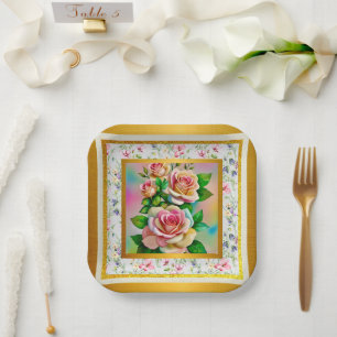 Eleganz Rosen Pink und Gelb Wasserfarbe Pastell Pappteller