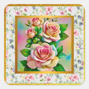 Eleganz-Rosen Rosa und Gelb Wasserfarbe Pastell Quadratischer Aufkleber