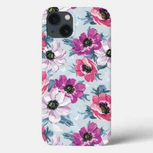 EleganzfarbBlumenmuster auf Blau iPhone 13 Hülle