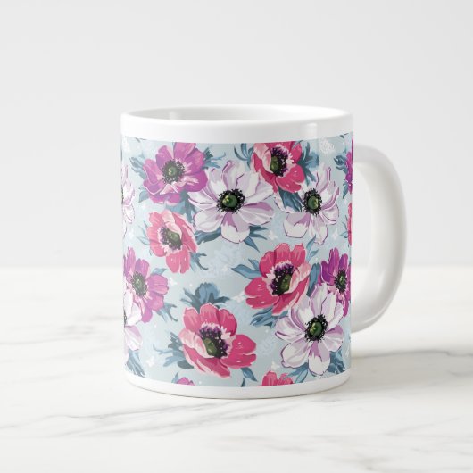 EleganzfarbBlumenmuster auf Blau Jumbo-Tasse (Vorderseite Rechts)