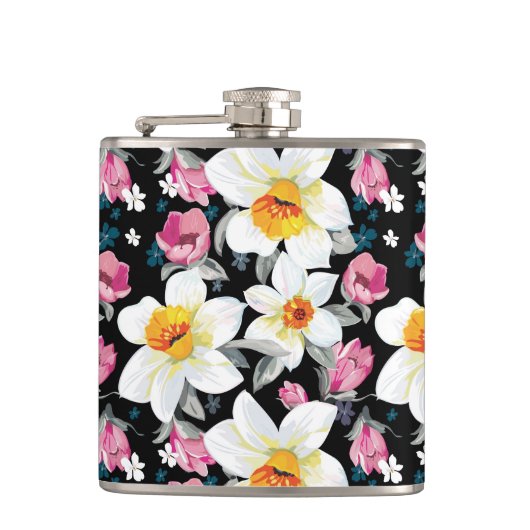 Eleganzmuster mit Narzissen-Blumen Flachmann (Vorderseite)