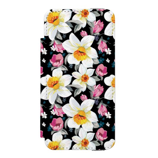 Eleganzmuster mit Narzissen-Blumen Incipio iPhone Geldbeutel-Hülle (Folio Vorderseite)