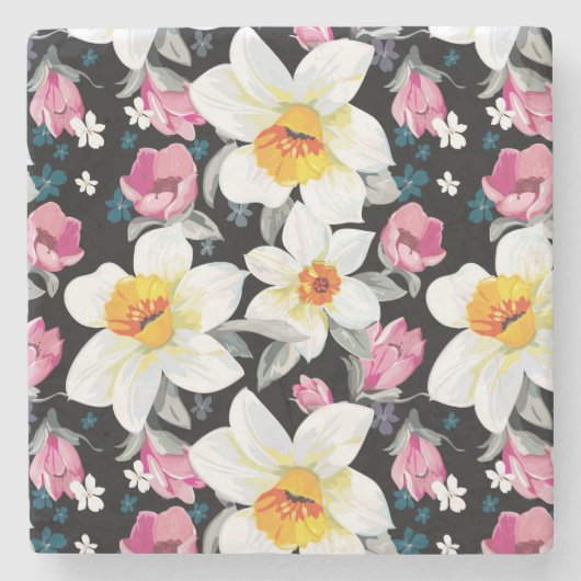 Eleganzmuster mit Narzissen-Blumen Steinuntersetzer (Vorderseite)