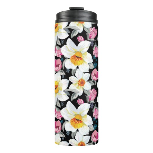 Eleganzmuster mit Narzissen-Blumen Thermosbecher (Vorderseite)