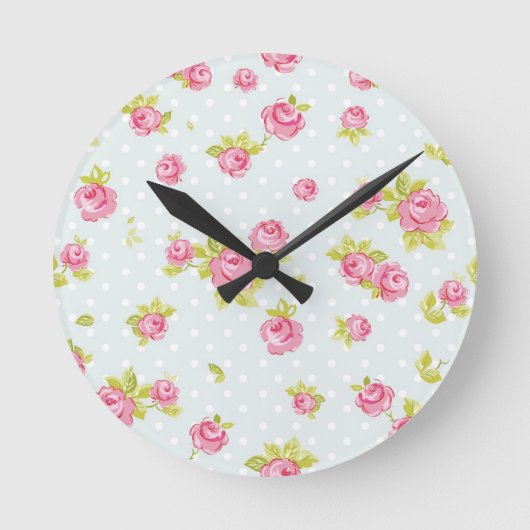Eleganztapetenmuster von rosa Rosen 4 Runde Wanduhr (Vorderseite)