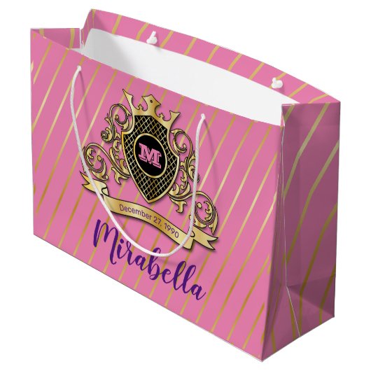 Elegent-Gol- und rosa-Monogramm-Design Große Geschenktüte (Rückseite Schrägansicht)