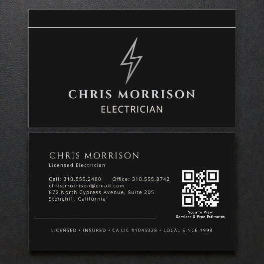 Elektriker Schwarz & Silber Professional QR Code Visitenkarte