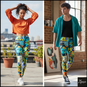 Elektrisch Blaue Gelbe Volkskunst-Quilt Leggings