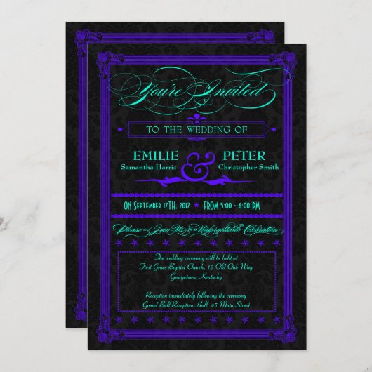 Elektrische Aquamarine und Lila Poster-Hochzeit Einladung (Vorne/Hinten)