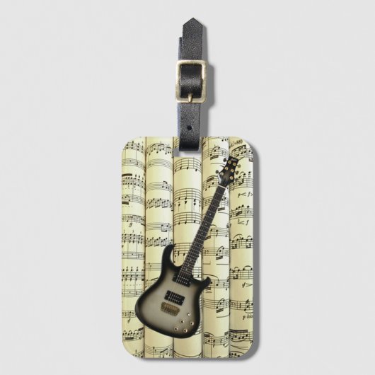 Elektrische Gitarre 02 über Rolled Sheet Music ~ Gepäckanhänger (Vorderseite Vertikal)