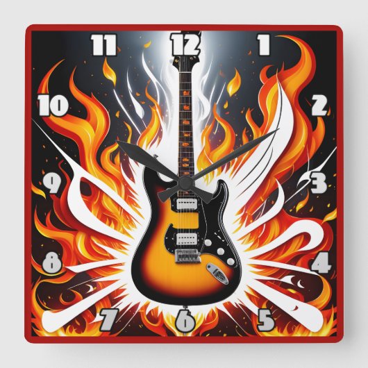 Elektrische Gitarre entzündet sich in einer Farben Quadratische Wanduhr (Vorderseite)