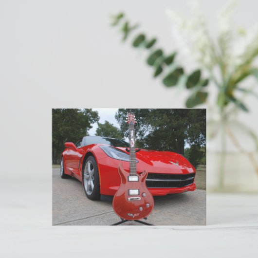 Elektrische Gitarre und Sportwagen Postkarte (Stehend Vorderseite)