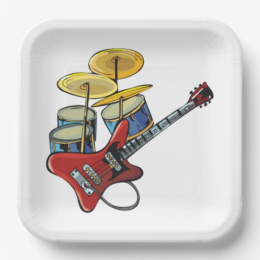 Elektrische Gitarre und Trommeln Pappteller (Vorderseite)