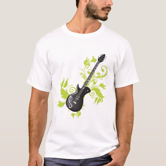 Elektrische Gitarre, Wirbel und Abstrakte Blätter T-Shirt (Vorderseite)