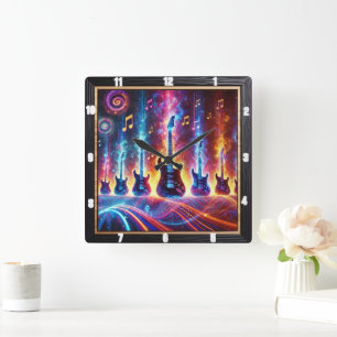 Elektrische Gitarren umgeben von Neon-Musiknoten Quadratische Wanduhr