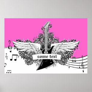 Elektrische Gitarrenflügel Schwarz-weiß rosa Poster
