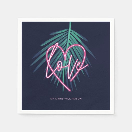 Elektrische Liebe Neon Pink Heart & Tropical Palm  Serviette (Vorderseite)