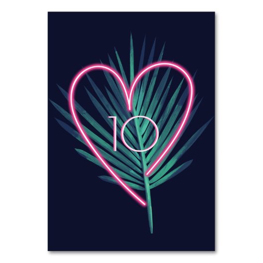 Elektrische Liebe Neon Pink Heart & Tropical Palm  Tischnummer (Vorderseite)