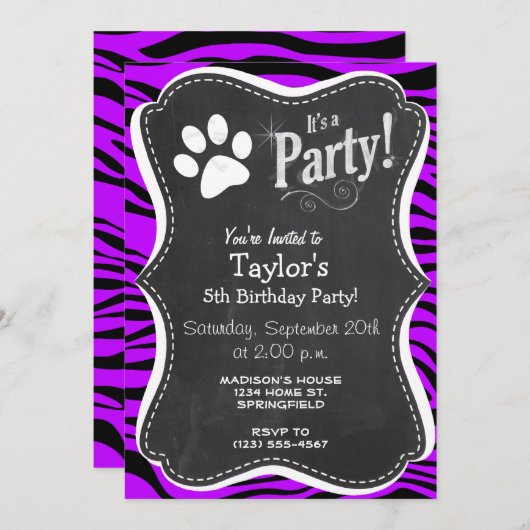 Elektrische Lila Zebrastreifen; Paw Print Einladung (Vorne/Hinten)