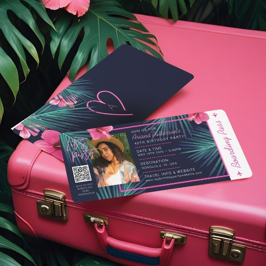 Elektrische Neonrosa tropische Destination Geburts Einladung