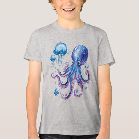 Elektrischer Abyss Octopus & Glühquallen Tri-Blend Shirt (Vorderseite)