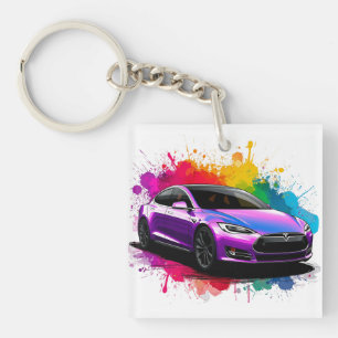 Elektroauto mit lebendigen Farbspritzern Schlüsselanhänger