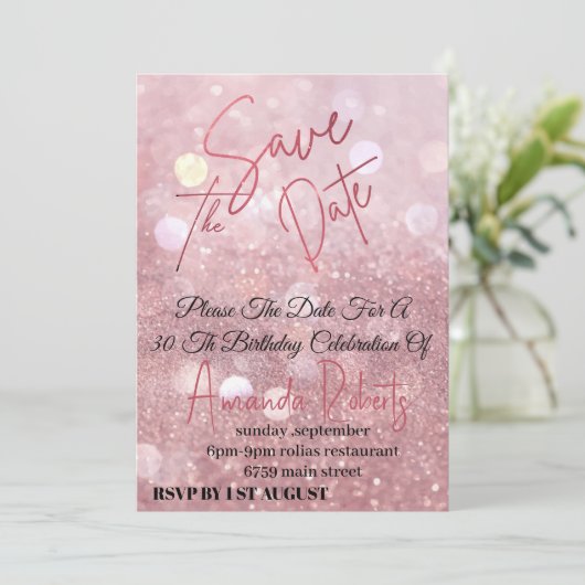 Elektronisch Save the Date, Rose Gold Glitzer Digi Einladung (Stehend Vorderseite)