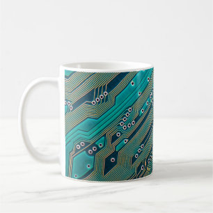 Elektronische Leiterplatte Nahaufnahme. Hintergrun Kaffeetasse