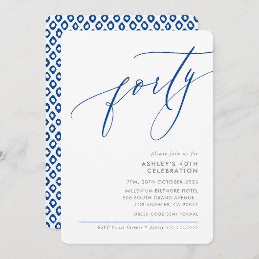 ELELGANT Moderne Kalligraphie 40. Party königsblau Einladung (Vorne/Hinten)