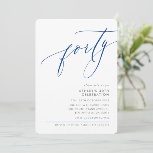 ELELGANT Moderne Kalligraphie 40. Party königsblau Einladung (Stehend Vorderseite)