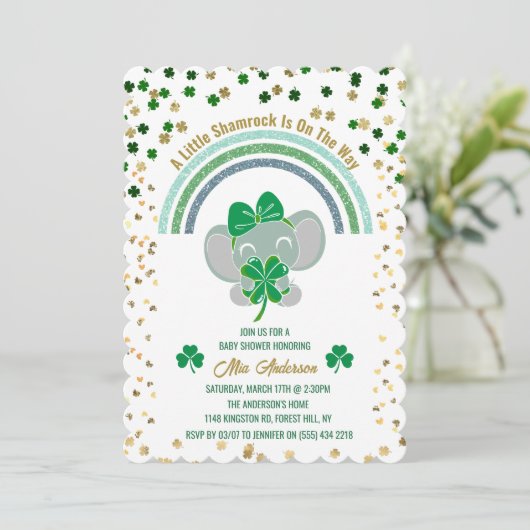 Elelphant Little Kleeblatt St Patricks Baby Shower Einladung (Stehend Vorderseite)