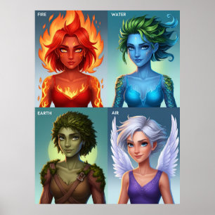 Elemental Fantasy Portraits Fire Water Earth Air Poster