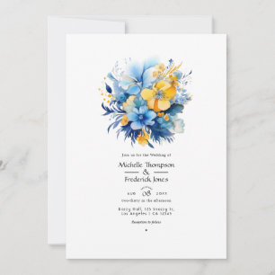Elementares Blau und Gold Blumenhochzeit Einladung