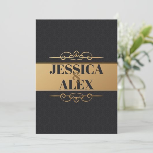 Elemente im Goldstil | Schwarze Muster Einladung (Stehend Vorderseite)