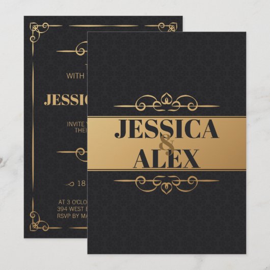 Elemente im Goldstil | Schwarze Muster Einladung (Vorne/Hinten)