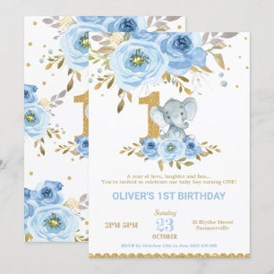 Elephant 1. Geburtstag Blue Floral Boy Einladung