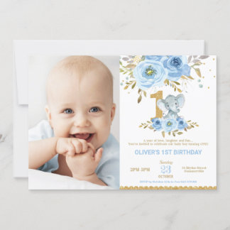 Elephant 1. Geburtstag Blue Floral Boy Foto Einladung