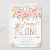 Elephant 1. Geburtstag Boho Pink Floral Girl Einladung (Vorderseite)