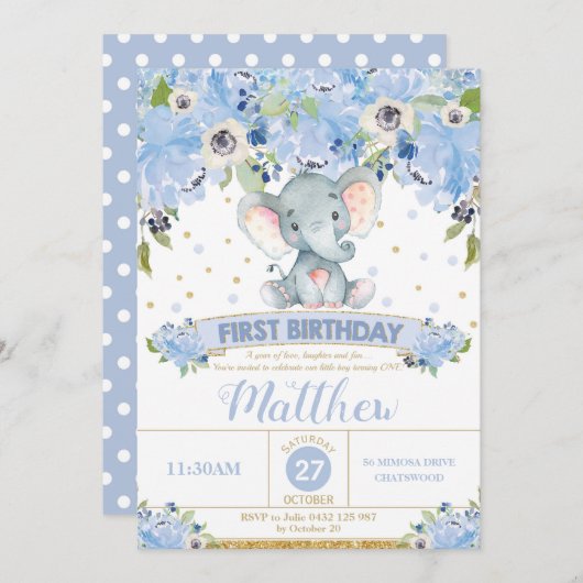 Elephant 1. Geburtstag Einladung Boy Blue Floral (Vorne/Hinten)