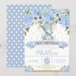 Elephant 1. Geburtstag Einladung Boy Blue Floral