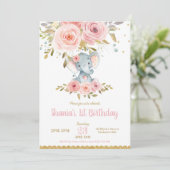 Elephant 1. Geburtstag Einladung Girl Pink Floral (Stehend Vorderseite)