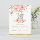 Elephant 1. Geburtstag Einladung Girl Pink Floral (Stehend Vorderseite)