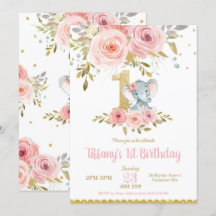 Elephant 1. Geburtstag Einladung Girl Pink Floral